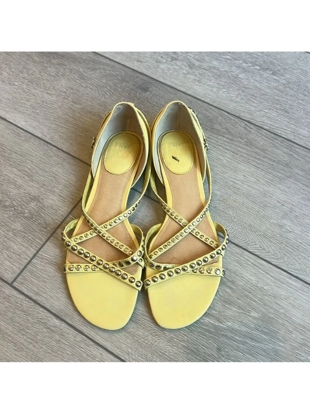 Frye Margot yellow studded leather cross strap sandals size 9